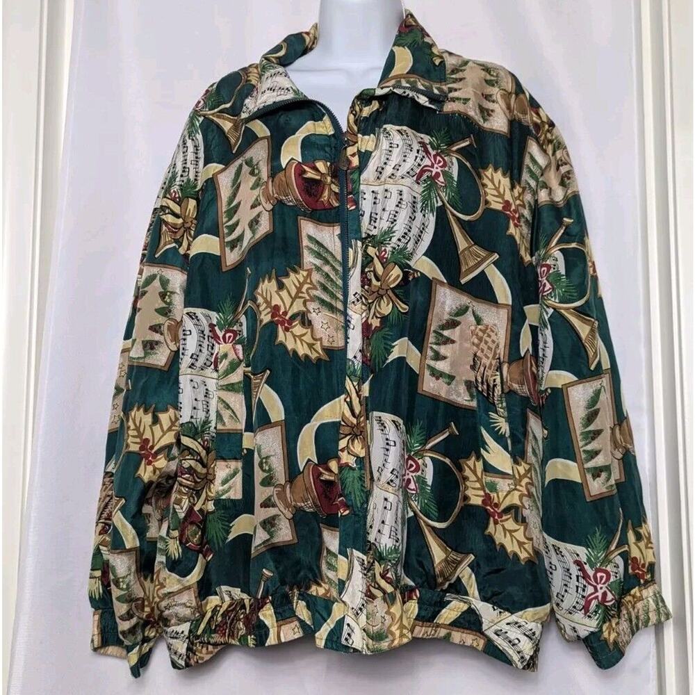 Vintage Fuda International Jacket Christmas Carol Green Collection Silk Zip Sz L
